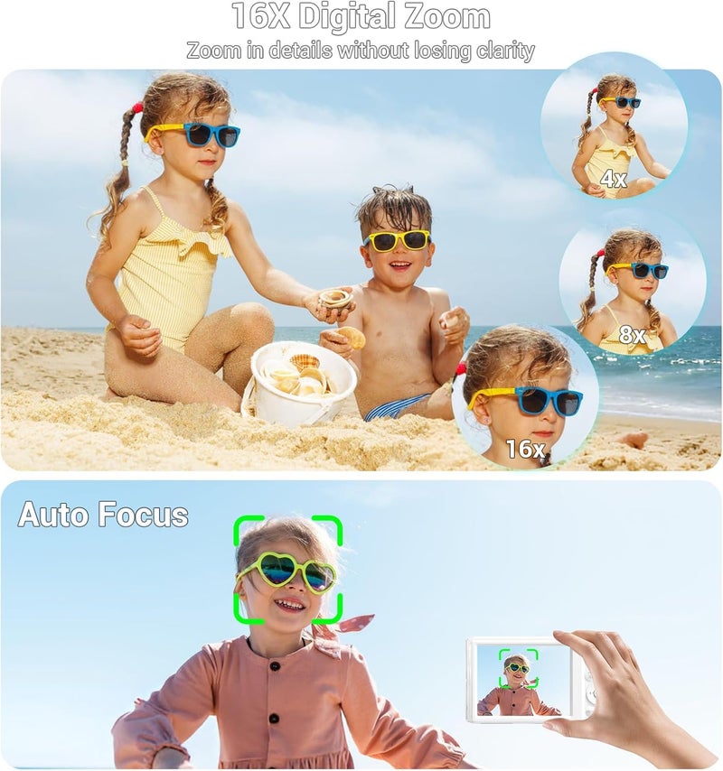 ceye Digital Camera, FHD 4K Compact Cameras with 64GB SD Card 2 Batteries, Portable Travel Digital Camera with 16X Autofocus Digital Zoom Small Camera for Teens Kids Boys Girls - Image 5